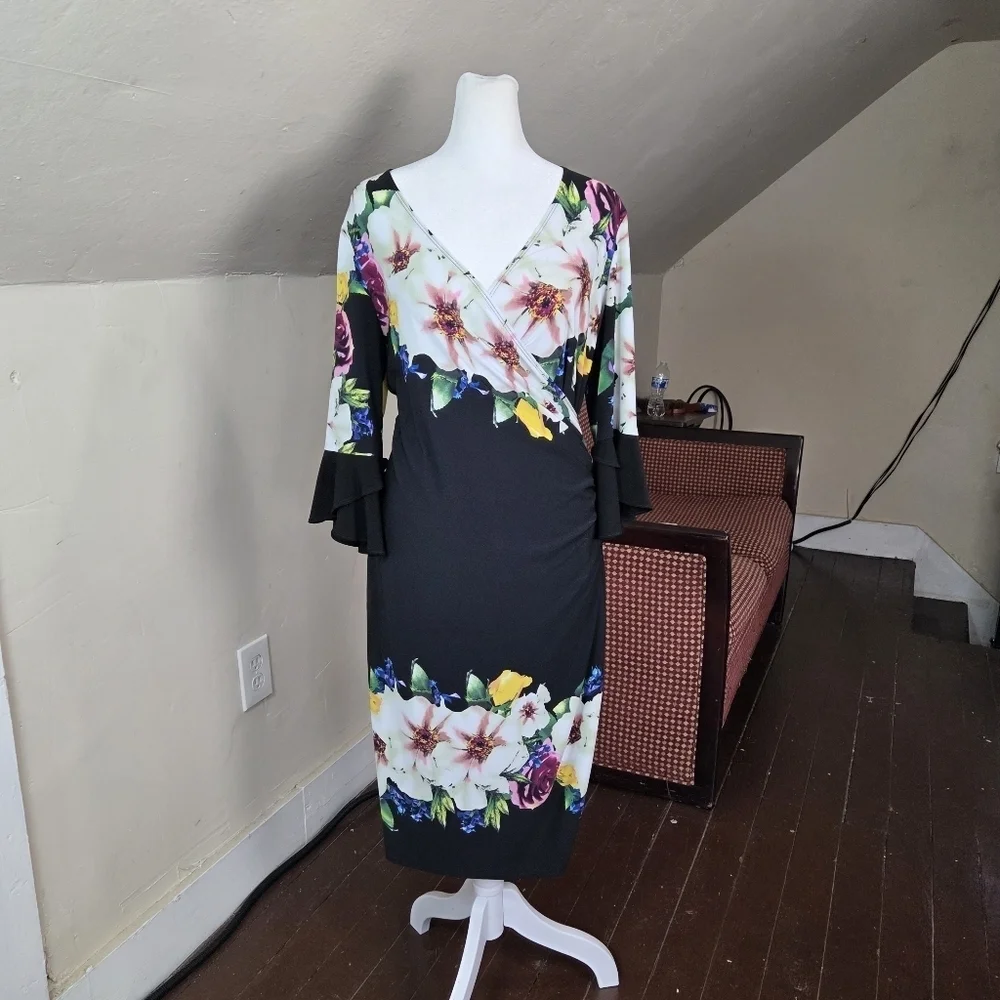 Joseph Ribkoff Floral Black Sheath Dress Women’s Size 10 Bell Sleeve V-Neck Midi